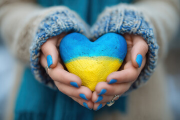 Hands hold a painted heart in blue and yellow symbolizing support for Ukraine during a peaceful winter day
