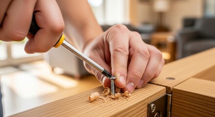 Hands Using Screwdriver to Fix Furniture. person's hands using a screwdriver to tighten a screw on a piece of wooden furniture. Represents DIY, home repair, maintenance, fixing, assembly