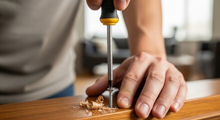 Hands Using Screwdriver to Fix Furniture. person's hands using a screwdriver to tighten a screw on a piece of wooden furniture. Represents DIY, home repair, maintenance, fixing, assembly