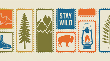 A Vintage Style Collection of Nature and Outdoor Adventure Themed Stamps Featuring Mountains, Trees, and Wildlife