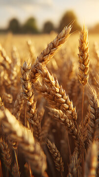 Primer plano de espigas de trigo dorado al atardecer en campo de cultivo