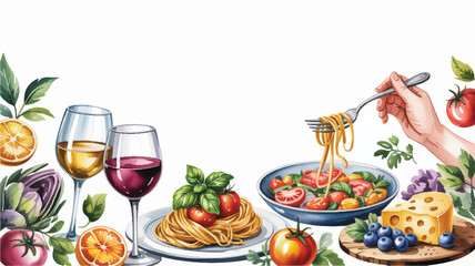 A delightful watercolor illustration showcases a spread of Italian cuisine, featuring pasta, cheese, and fresh fruit, perfect for culinary themes