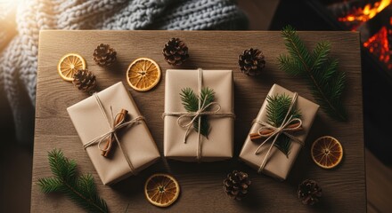 Cozy Winter Holiday Scene with Thoughtful Eco Friendly Gift Wrapping and Decor