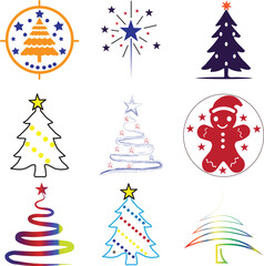 Christmas icon set with abstract trees, stars and gingerbread character, modern festive holiday vector collection for decoration and design