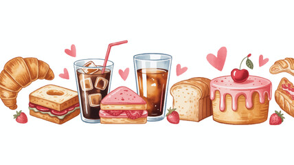 A charming watercolor illustration of a delightful assortment of breakfast pastries, sandwiches, and iced beverages, perfect for cafe menus or bakery promotions