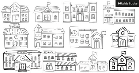 Set of 12 hand-drawn school building icons. Doodle education architecture and college vector illustration. © Emran Graphics