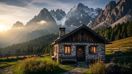 Serene mountain landscape featuring a rustic stone cabin surrounded by lush greenery and towering snow-capped peaks at sunset