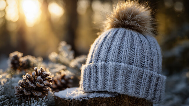 Frosty grey pom-pom knitted winter beanie resting on snowy pine branch in warm glowing sunrise forest light