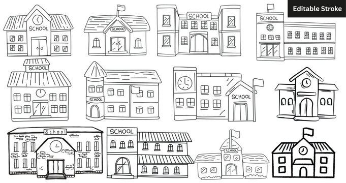 Set of 12 hand-drawn school building icons. Doodle education architecture and college vector illustration.