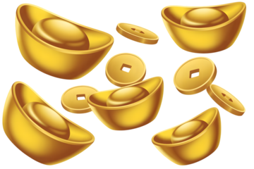 Traditional chinese gold ingots and ancient coins symbolizing wealth prosperity and good fortune isolated on transparent background