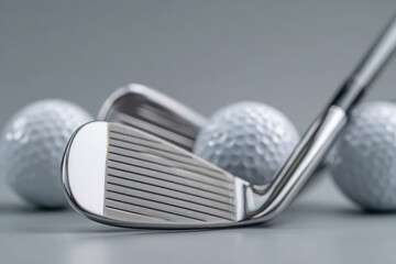 Close view of golf clubs and balls on a smooth surface in a well-lit indoor area during a training session