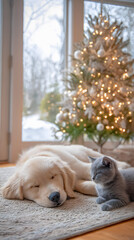 Golden Retriever Dog and Cat Sleeping by a Christmas Tree in Winter