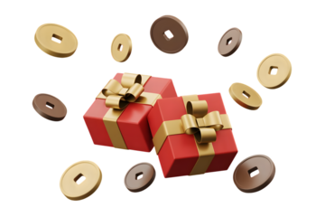 Two festive red gift boxes with golden ribbons surrounded by antique chinese coins isolated on transparent background