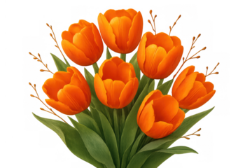 Orange tulip bouquet blossoming with green leaves and willow branches, symbolizing spring, celebration, and renewal