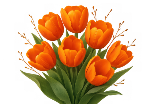 Orange tulip bouquet blossoming with green leaves and willow branches, symbolizing spring, celebration, and renewal