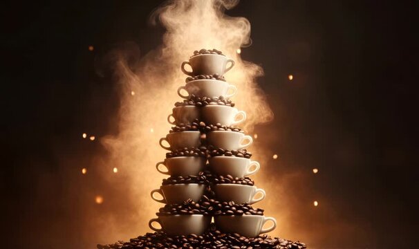 Coffee cups and beans forming a creative christmas tree, rising steam and sparkling bokeh creating a warm, festive atmosphere