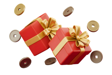 Two vibrant red gift boxes with golden ribbons and chinese coins floating around them isolated on transparent background