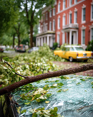 A street scene featuring fallen branches and leaves on a parked car, with historic buildings and a yellow cab in the background, showcasing nature's impact on urban life.