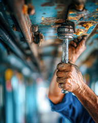 A close-up of a dirty hand holding a wrench, working on machinery, showcasing the grit and determination of manual labor.