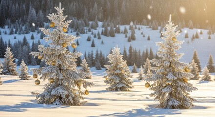 Winter Wonderland Landscape Snow-Covered Evergreen Trees Golden Ornaments Falling Snow