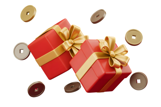 Two vibrant red gift boxes with golden ribbons and chinese coins floating around them isolated on transparent background - Powered by Adobe