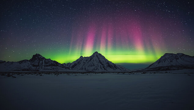 A vibrant aurora borealis glowing above a rocky seashore, with green and pink light reflecting in the misty waves. Dramatic night landscape with a colorful sky and atmospheric coastal scenery.