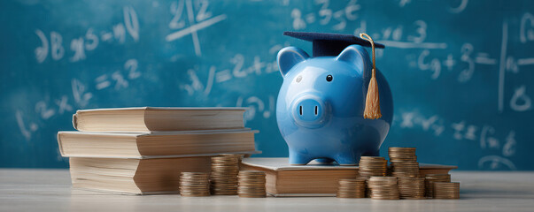 Piggy bank with graduation cap on books surrounded by coins represents financial education and savings for students and learners