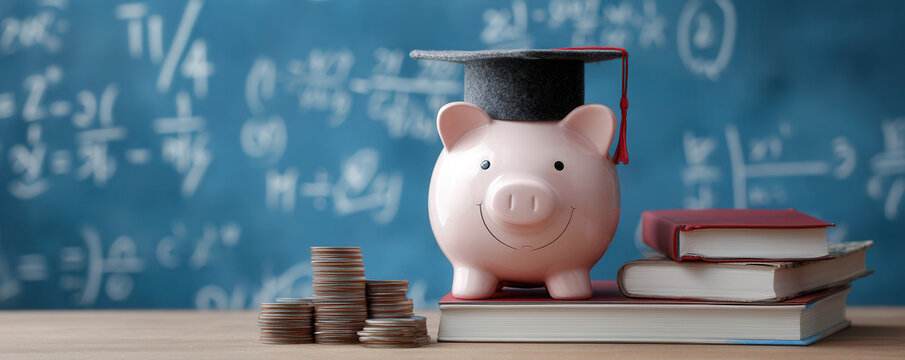 Piggy bank with graduation cap on top of books and stacked coins in a study setting