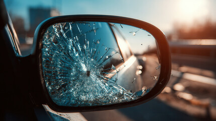 Damaged side mirror shows cracks and reflections in evening light on a quiet road