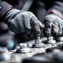 A close-up of a gloved hand adjusting a mechanical component, showcasing precision and craftsmanship in engineering.