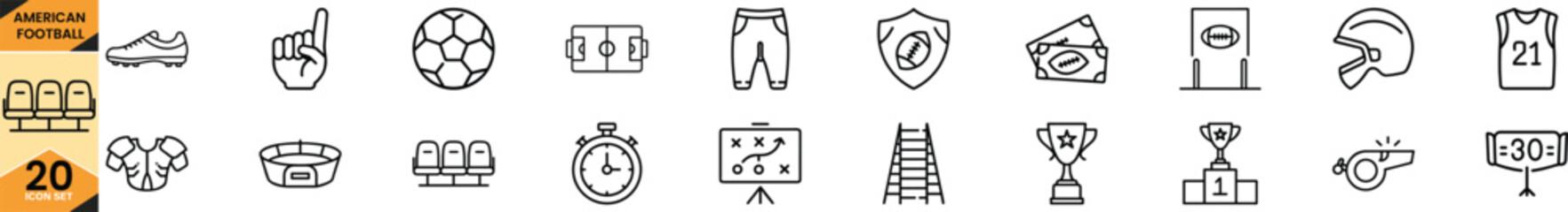 American football sports line icons set. collection of various game equipment, player gear, and stadium elements outline vector symbols. Vector ©  Pixel iconsBox