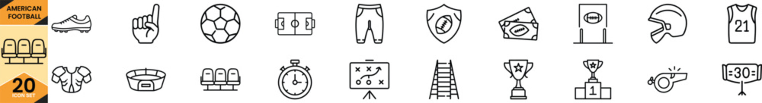 American football sports line icons set. collection of various game equipment, player gear, and stadium elements outline vector symbols. Vector