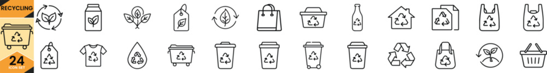 Sustainable recycling line icon collection illustrating environmental conservation, waste management, and eco-friendly practices Vector