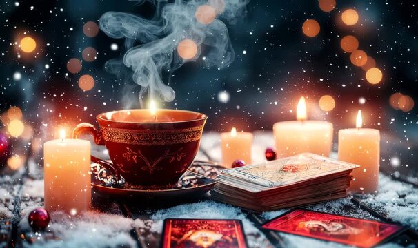 Tarot cards and burning candles on a snowy surface with a steaming cup, symbolizing divination and winter mysticism