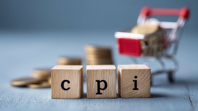 Understanding consumer price index with wooden blocks and shopping cart on a blue background