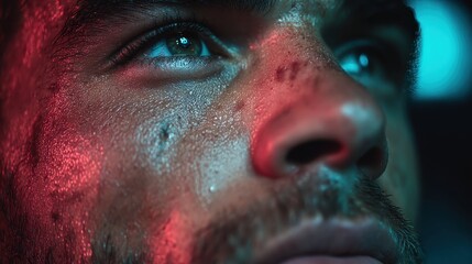 Close-up captures the intense gaze of a man, his face glistening with sweat, reflecting dedication and effort, highlighting raw emotion.