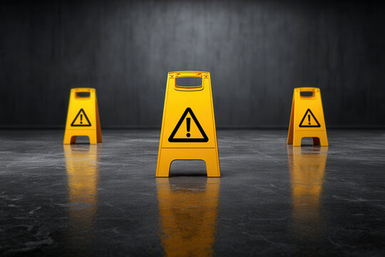 Caution signs placed on a wet floor in a dimly lit indoor space during evening hours