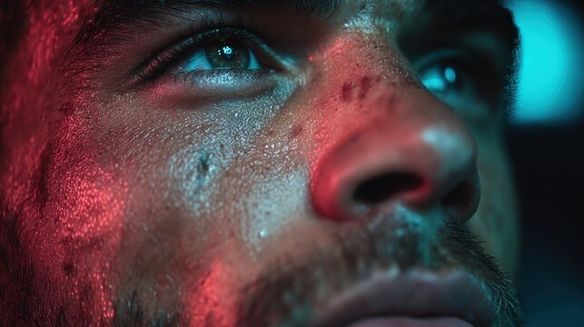 Close-up captures the intense gaze of a man, his face glistening with sweat, reflecting dedication and effort, highlighting raw emotion.
