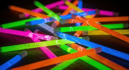 Closeup of a pile of brightly colored neon glow sticks scattered on a dark surface in a vibrant mix of colors