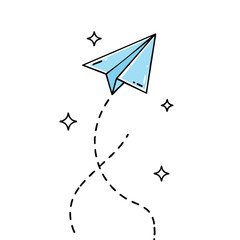 Light blue paper airplane soaring through a starry expanse leaving a dotted trail on a white background representing dreams and aspirations