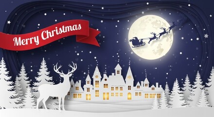 Magical winter wonderland scene with Santa sleigh full moon and deer