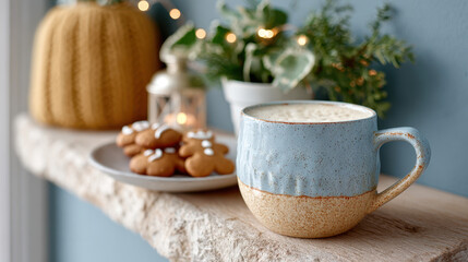 Rustic mantel with coffee mug, gingerbread cookies, knit pumpkin, and greenery during holiday season