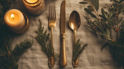 Elegant holiday table setting with golden cutlery and candlelight creating a warm and inviting atmosphere for a festive dinner party celebration