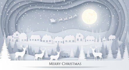 Enchanting paper cut winter wonderland village scene with Santa's sleigh and reindeer