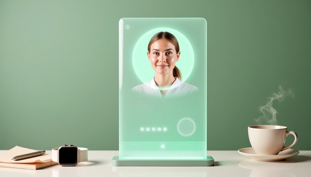 Digital interface with human face on futuristic screen for advanced technology and communication