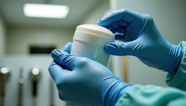 Medical sterile environment with gloved hands: healthcare worker handling container for hospital and laboratory use