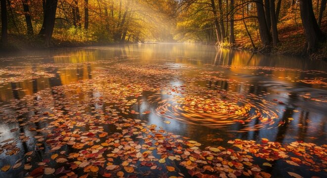 Enchanting Autumn River with Golden Leaves and Misty Sunlight - Powered by Adobe