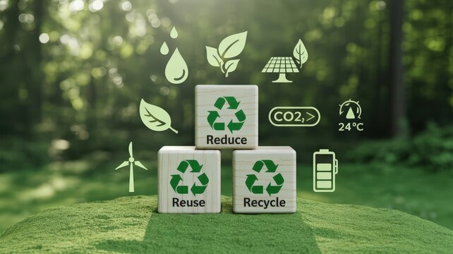 Three wooden blocks displaying the core principles of waste management are stacked on mossy ground with nature icons floating above