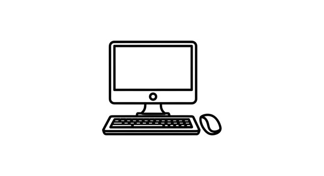 computer icon on white background, monitor icon on white background, computer icons, desktop computer icon, minimal pc setup illustration, computer keyboard and mouse, outline computer device
