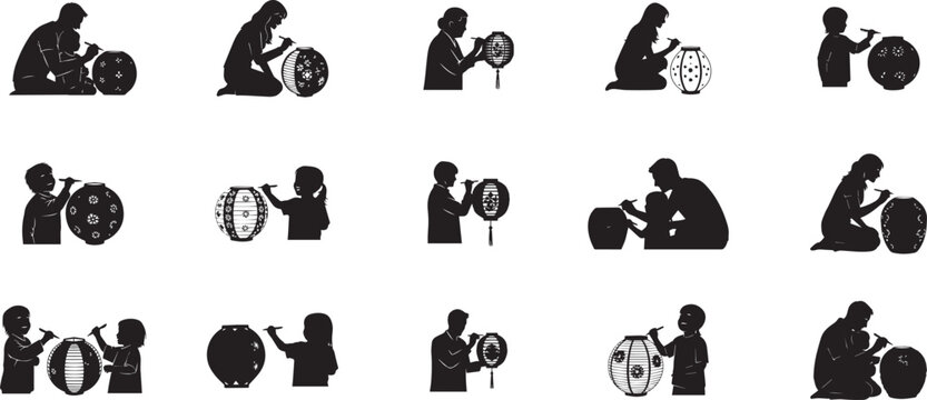 Silhouettes of people decorating lanterns for new year Vector